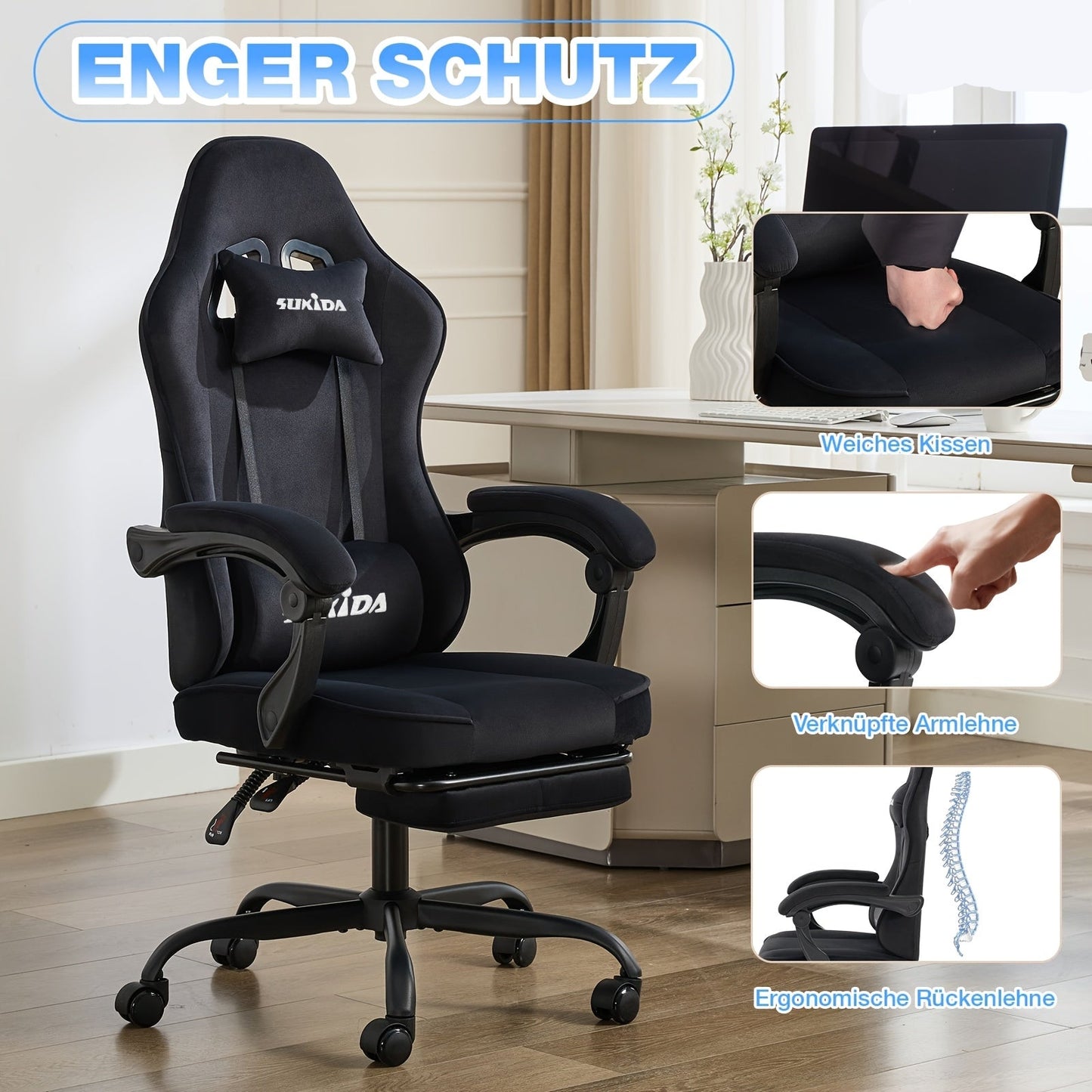 Velvet Gaming Stoel – Computer Game Chair – Videogame Stoel – Bureaustoel Draaibaar – Ergonomische Zwarte Gaming Chair – Met Voetsteun – Comfortabel Memory Foam