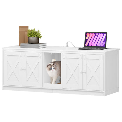 Kattenhuis – Kattenmeubel – Kattenkast – Kattenbakmeubel – Verstopte kattenbak – 140 cm Groot – Met USB Poorten en Stopcontacten – Wit