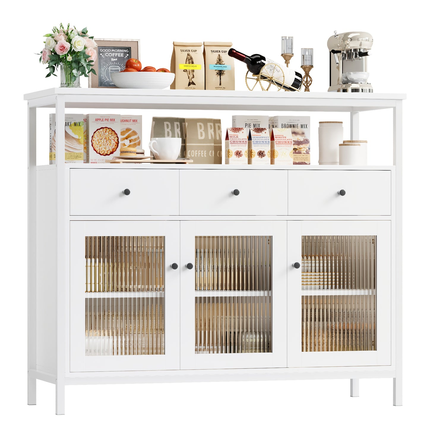 Kealive Modern Living Room Sideboard Cabinet with Glass Doors & Adjustable Shelves - 2-Pack Storage Display Cabinet with Drawers, / for Home Office, Storage Drawer Units