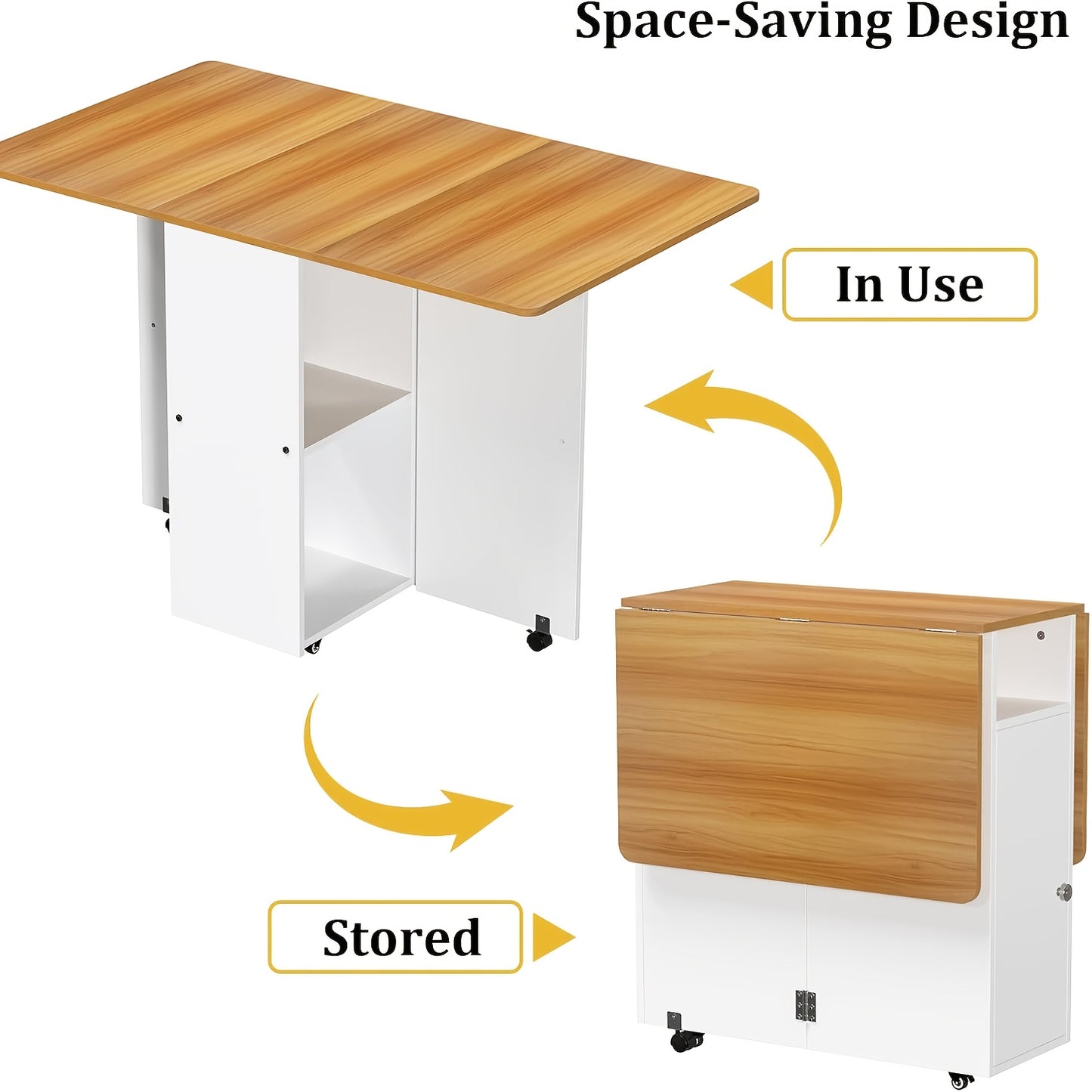 Inklapbare Eettafel – Opklapbare Tafel – Uitklapbare Tafel – Compacte Tafel – Verrijdbare Tafel – Met Wieltjes – Ruimtebesparend Ontwerp – Ingebouwde Opbergruimte – Wit Met Houten Accenten – 120x70x78 cm