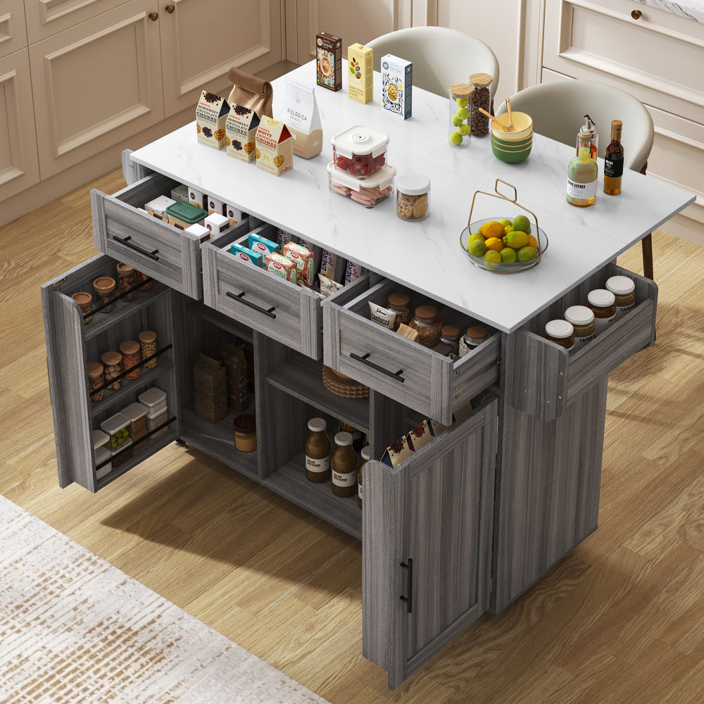 Dinercart – Serveerwagen – Keukenwagen – Opbergkast – Bijzettafel – Grijs Massief Houtfineer – Wit Marmeren Blad – Inklapbaar Werkblad – Ruimtebesparend Ontwerp