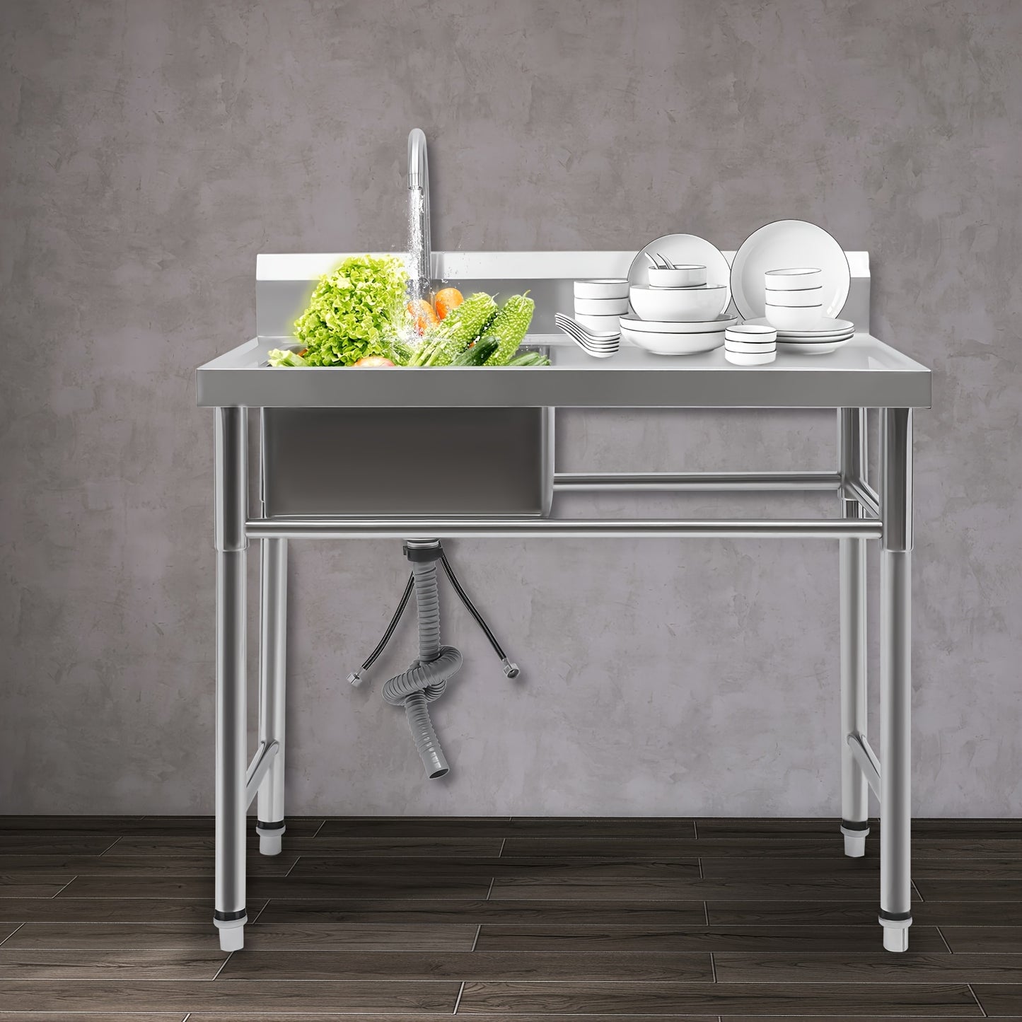 Commercial-Grade Stainless Steel Sink with Left Slot & Right Platform - 39"x24"x37" (100x60x93cm) Heavy-Duty 201 Stainless Steel, 199.58KG Capacity, Center Drain, Polished Finish, Easy Install for Restaurants, Cafes, Home Kit