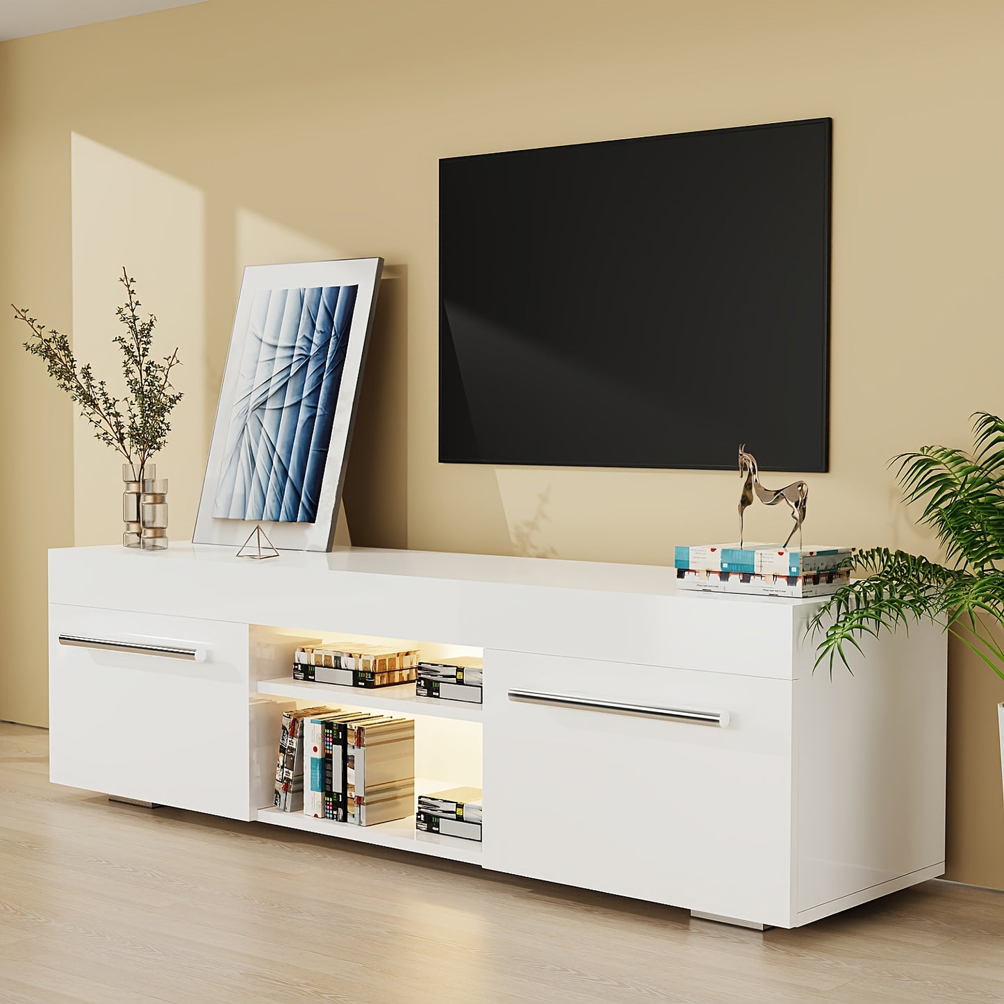 TV-kast – Tv-meubel – Mediameubel – Tv-dressoir – Entertainmentmeubel – Modern Wit Hoogglans – LED Sfeerverlichting – Ruime Opbergruimte – 130 cm – USB-aansluiting