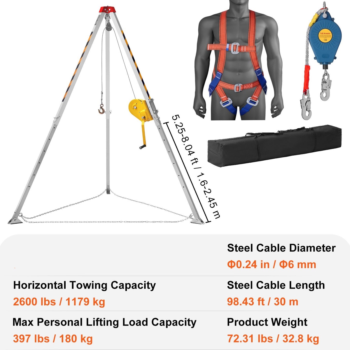 Reddingsdriepoot – Veiligheidstrapod – Valbeveiliging Tripod – Reddingstrapod – Confined Space Tripod – Verstelbare Poten – 1180 kg Trekkracht – Compleet Valbeveiligingssysteem