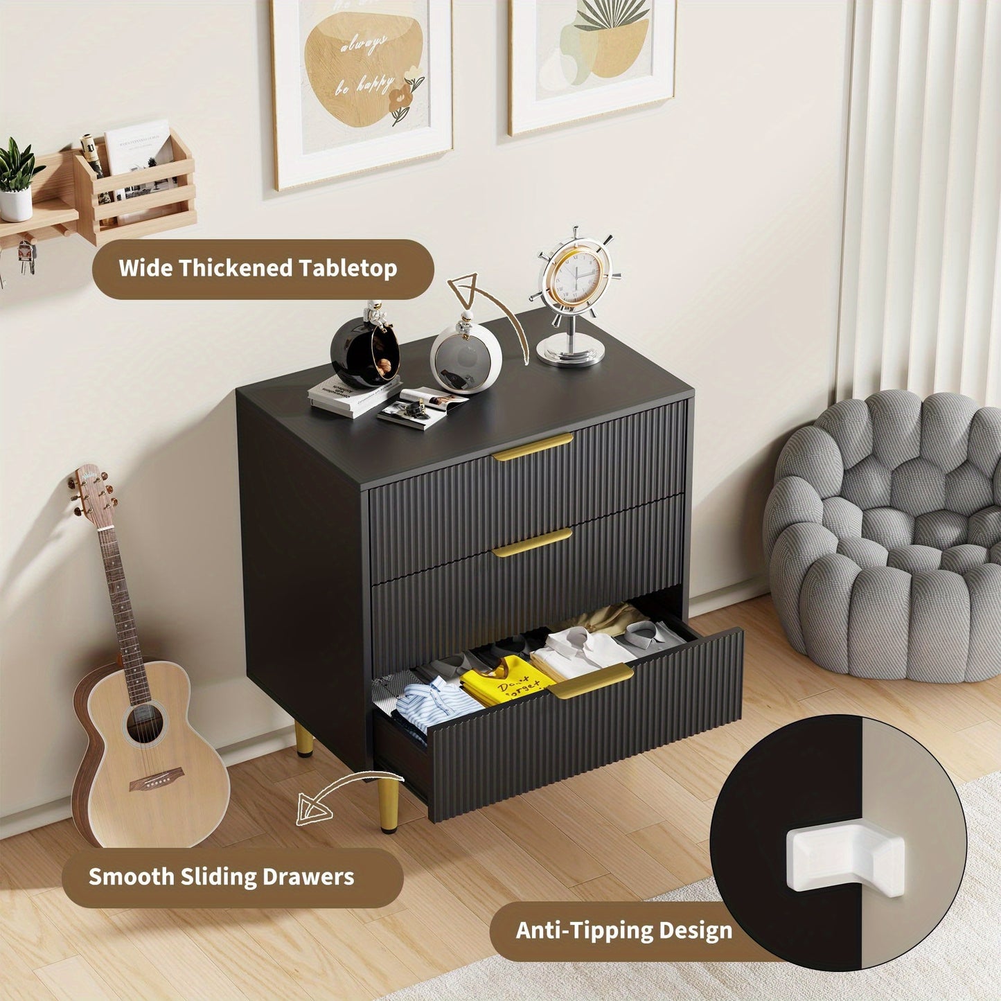 Nachtkast – Nachtkastje – Bijzettafel – Ladekast – Bedside Table – Modern Fluted Design – 3 Lades Ruime Opbergruimte – Metaal Met Handgrepen – 71x43x76 cm