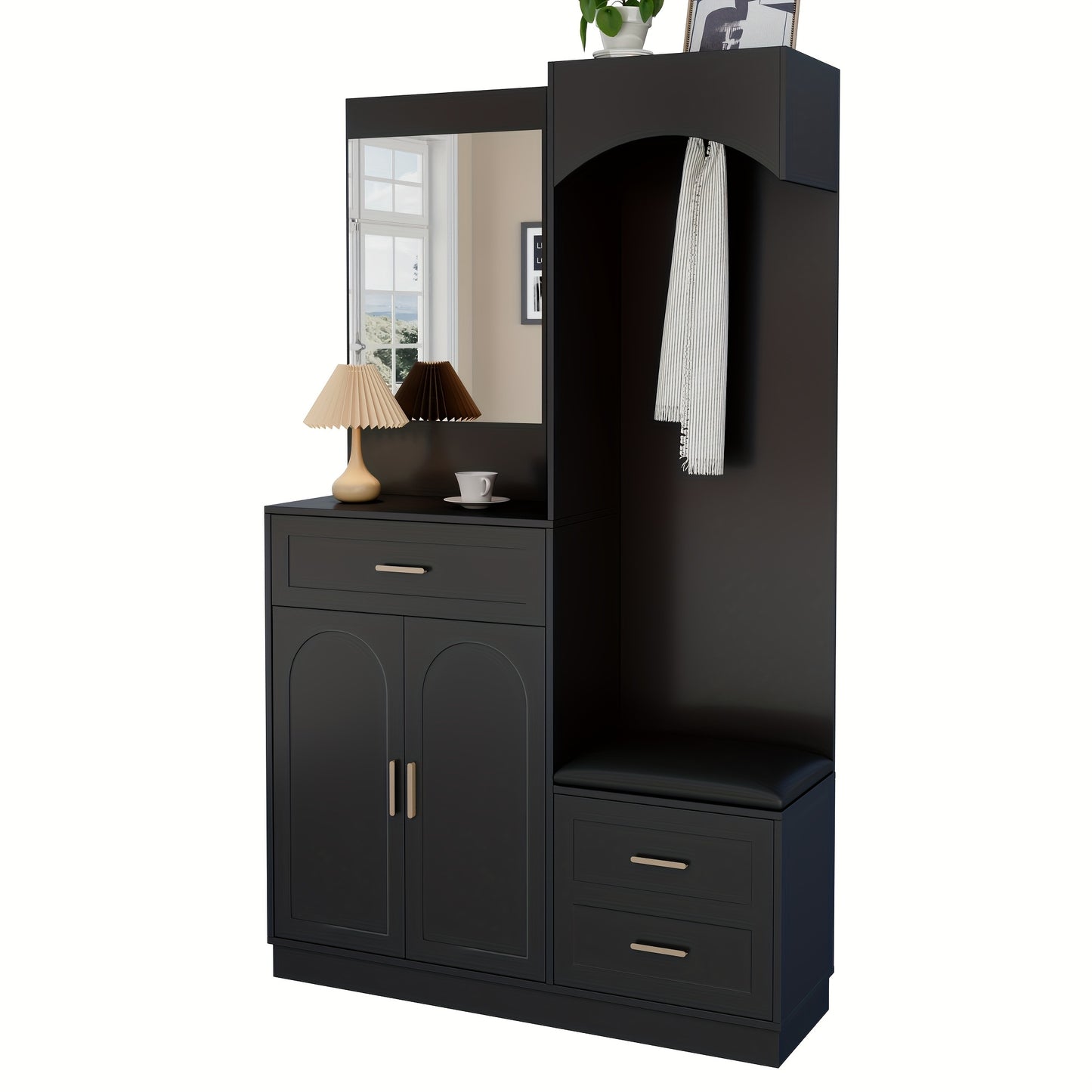 Modern Compact Wardrobe & Shoe Cabinet with Mirror - Freestanding Storage Cabinet with Adjustable Shelves, Doors & Drawers, Space-Saving Multifunctional Furniture for Small Spaces, Classic Contemporary Design, No Electrical R