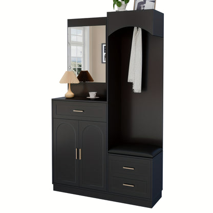 Modern Compact Wardrobe & Shoe Cabinet with Mirror - Freestanding Storage Cabinet with Adjustable Shelves, Doors & Drawers, Space-Saving Multifunctional Furniture for Small Spaces, Classic Contemporary Design, No Electrical R