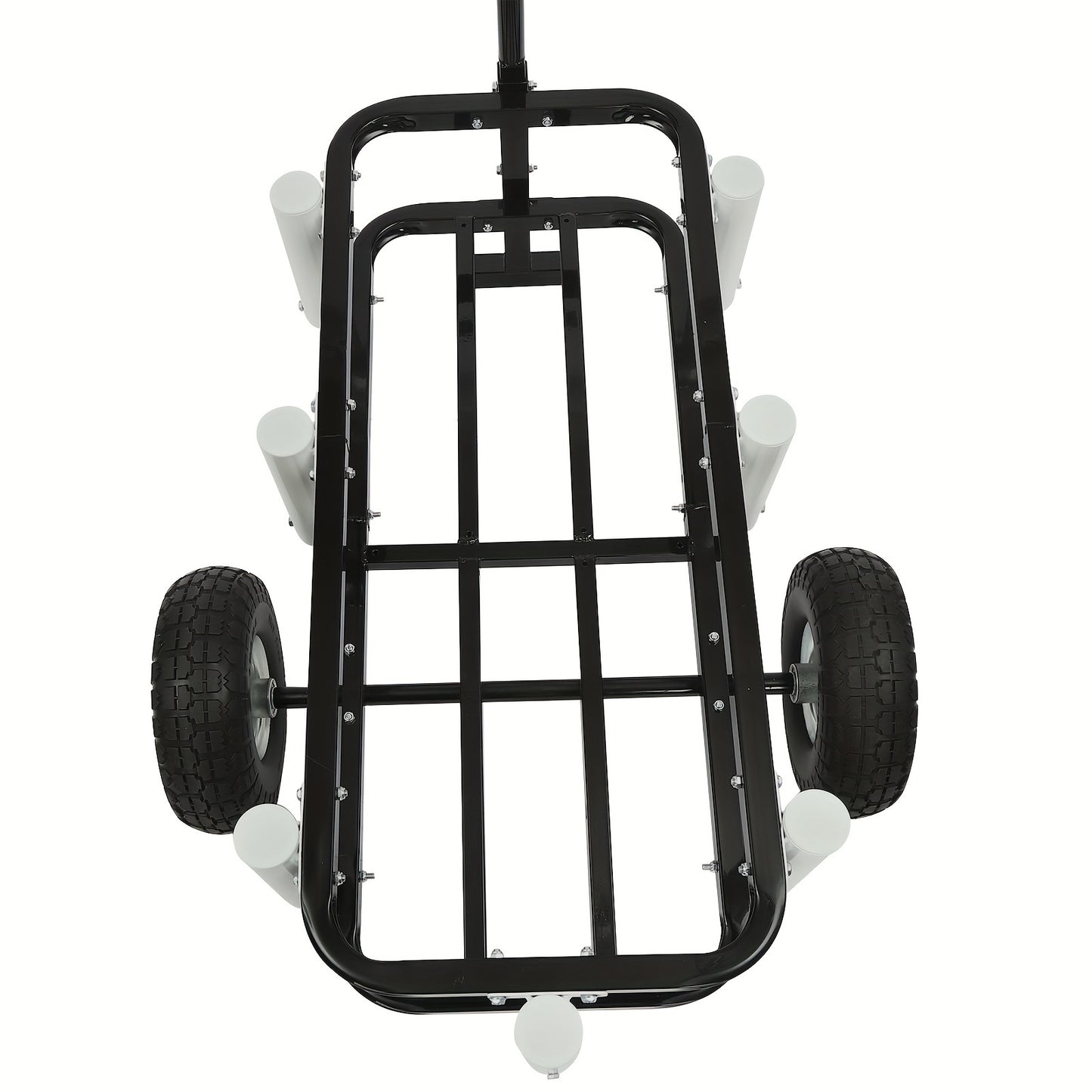 Vistuigwagen – Viswagen – Outdoor Kar – Viskar – Campingkar – Zwarte uitvoering – Hoogwaardig Koolstofstaal – Dubbele Rubber Wielen – 7 Hengelhouders – Antislip Handvat – Verstelbare Voorpoot voor Stabiliteit