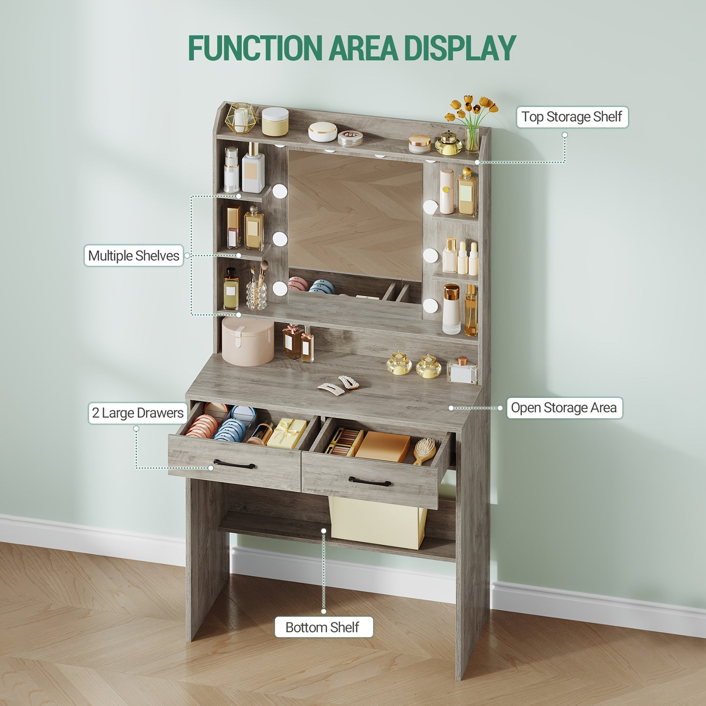 Dressing Table with Mirror And LED Light, Accessory Storage, Adjustable Brightness, Dressing Table with Shelves And 2 Drawers, Jewelry Cabinet, for Bedroom, Living Room, 40 X 80 X 149cm, White - QUORE