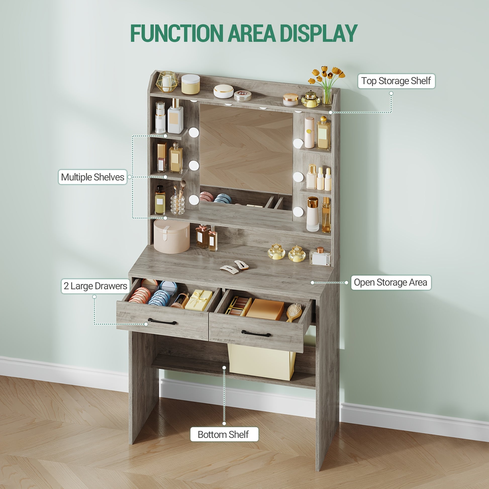 Dressing Table with Mirror And LED Light, Accessory Storage, Adjustable Brightness, Dressing Table with Shelves And 2 Drawers, Jewelry Cabinet, for Bedroom, Living Room, 40 X 80 X 149cm, White - QUORE