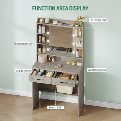Dressing Table with Mirror And LED Light, Accessory Storage, Adjustable Brightness, Dressing Table with Shelves And 2 Drawers, Jewelry Cabinet, for Bedroom, Living Room, 40 X 80 X 149cm, White - QUORE