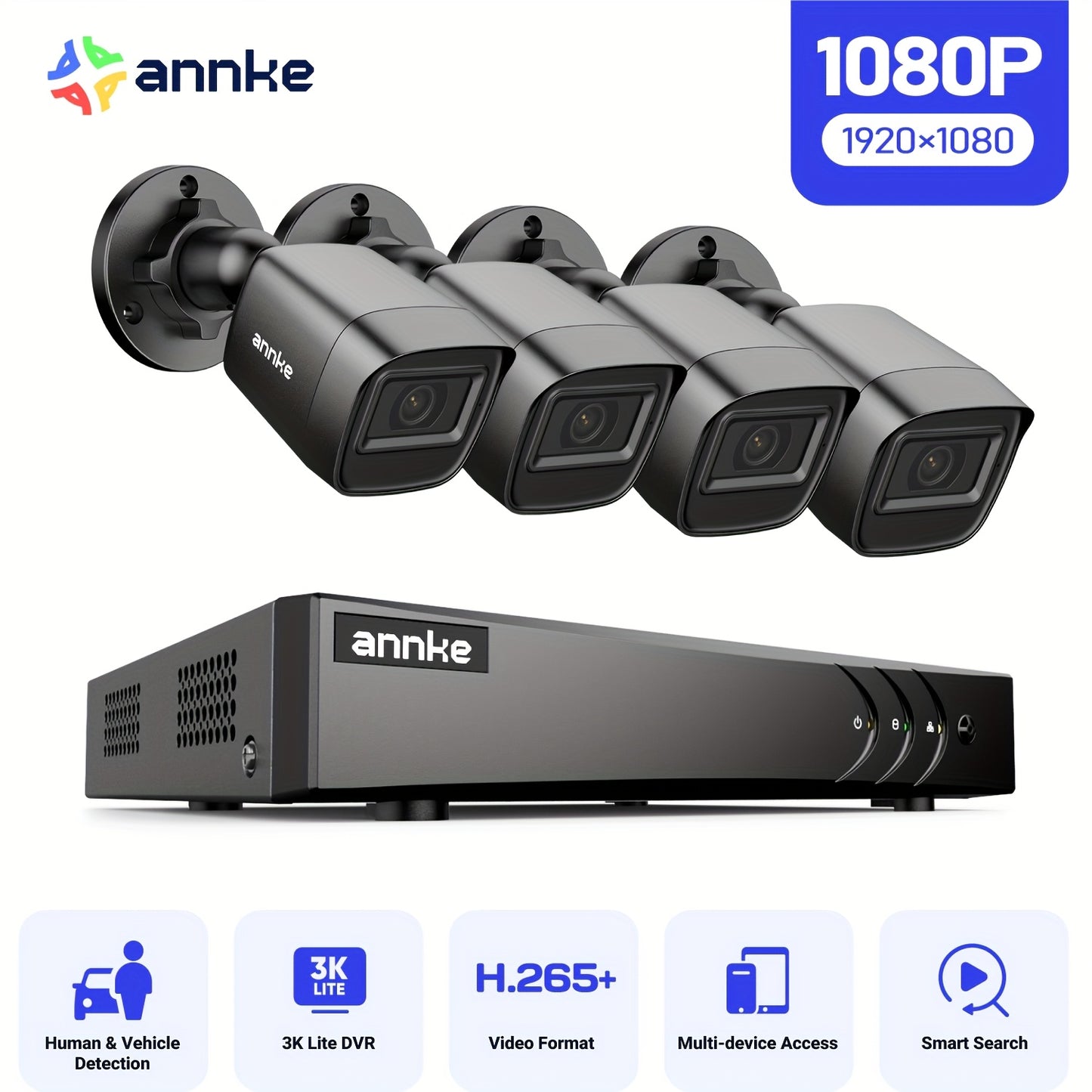 Beveiligingssysteem – Camerabeveiliging – CCTV Set – Surveillance Systeem – Bewakingscamera – 5-in-1 DVR Met 4x 2MP HD Camera’s – AI Mens- en Voertuigdetectie – Nachtzicht Tot 20 Meter