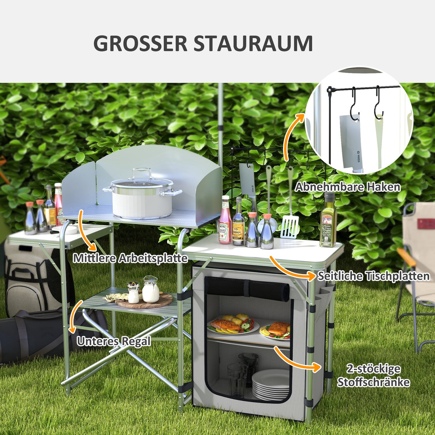 Campingkast – Campingkeuken – Kampeermeubel – Opvouwbare Kast – Outdoor Keuken – 3 Werkbladen – Windscherm – Stoffen Kast – 144x48x119 cm – Metaal Frame