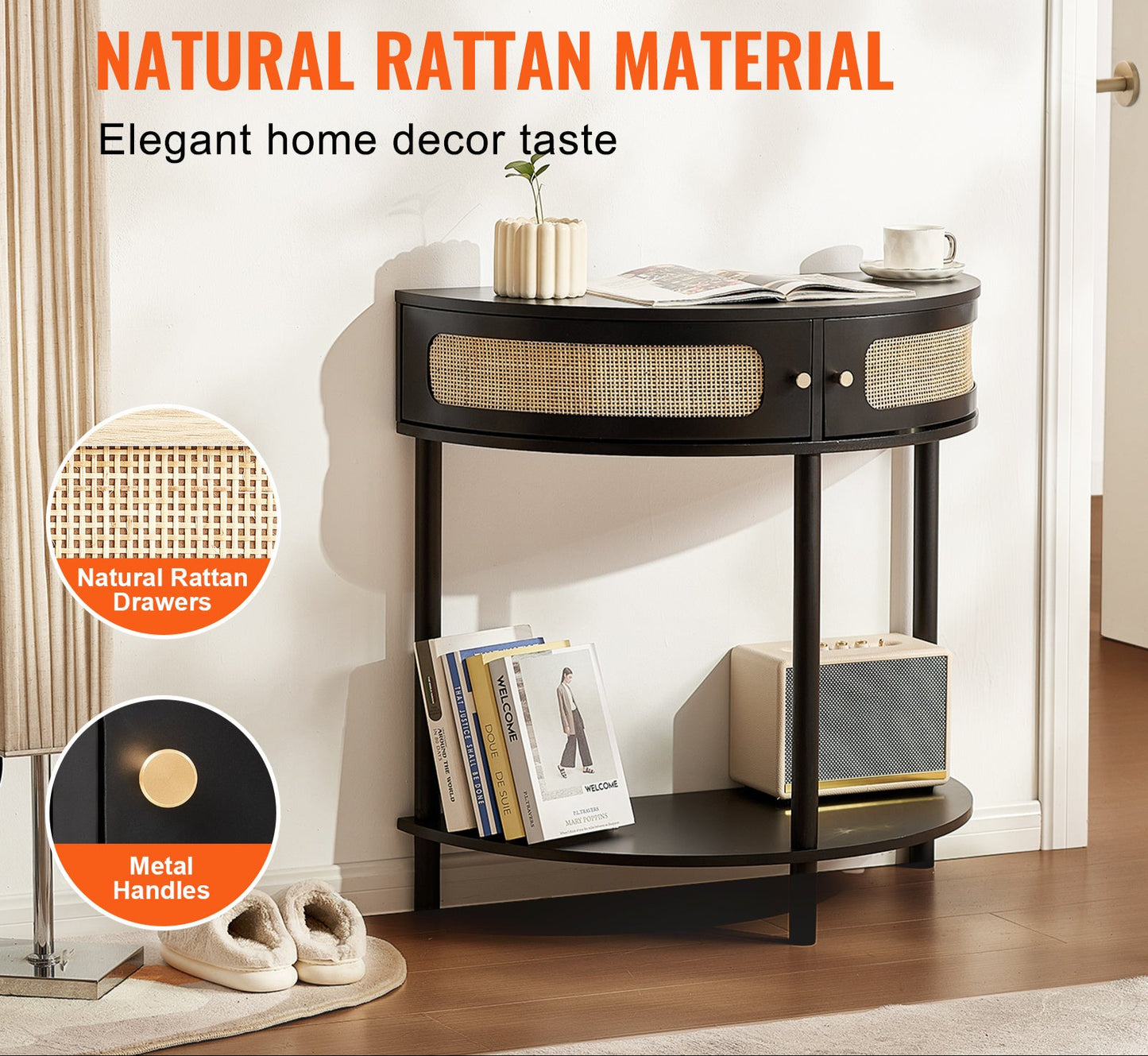 Sidetable – Wandtafel – Haltafel – Consoletafel – Bijzettafel – Zwart Rattan – Halve Maan Vorm – 2 Laden & Open Plank – Duurzaam MDF Onderstel