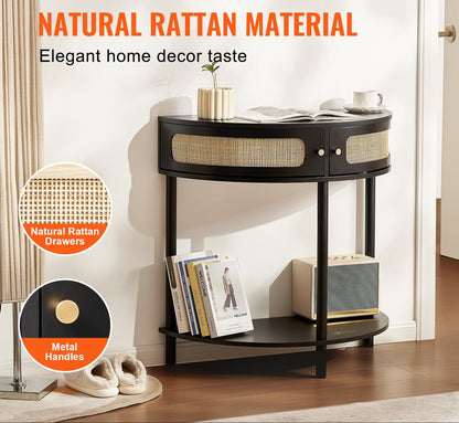 Sidetable – Wandtafel – Haltafel – Consoletafel – Bijzettafel – Zwart Rattan – Halve Maan Vorm – 2 Laden & Open Plank – Duurzaam MDF Onderstel