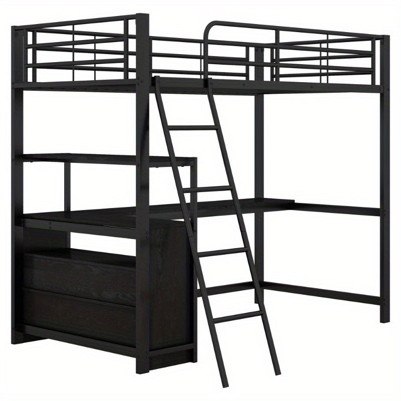Hoogslaper Bed – Stapelbed – Studiebureau Bed – Ruimtebesparend Bed – Loft Bed Zwart – Stevig Metalen Frame – Ingebouwd L-Vormig Bureau