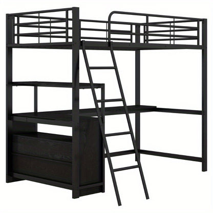 Hoogslaper Bed – Stapelbed – Studiebureau Bed – Ruimtebesparend Bed – Loft Bed Zwart – Stevig Metalen Frame – Ingebouwd L-Vormig Bureau