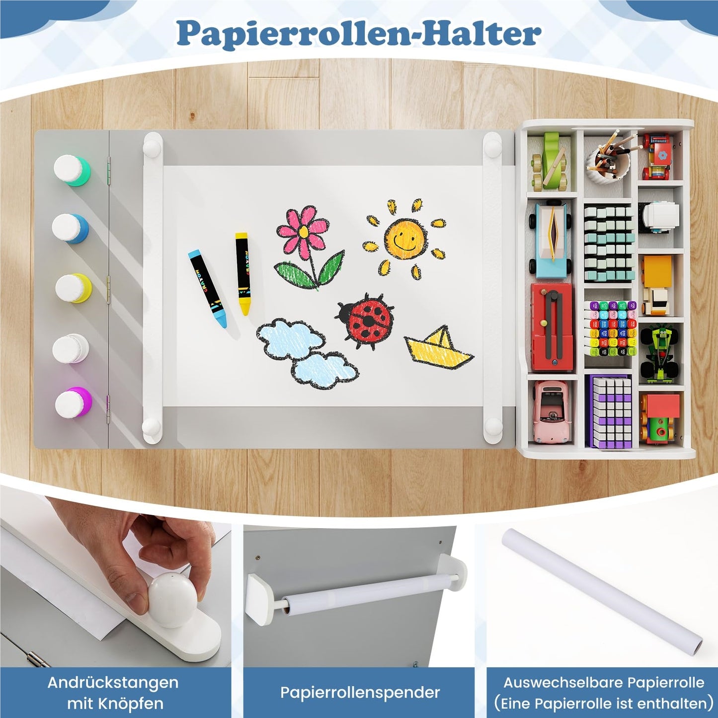 kinderbureau – kindertafel – speeltafel – tekentafel – knutseltafel – 3-in-1 opklapbaar tafelblad – stevig dennenhout met ruime opbergruimte