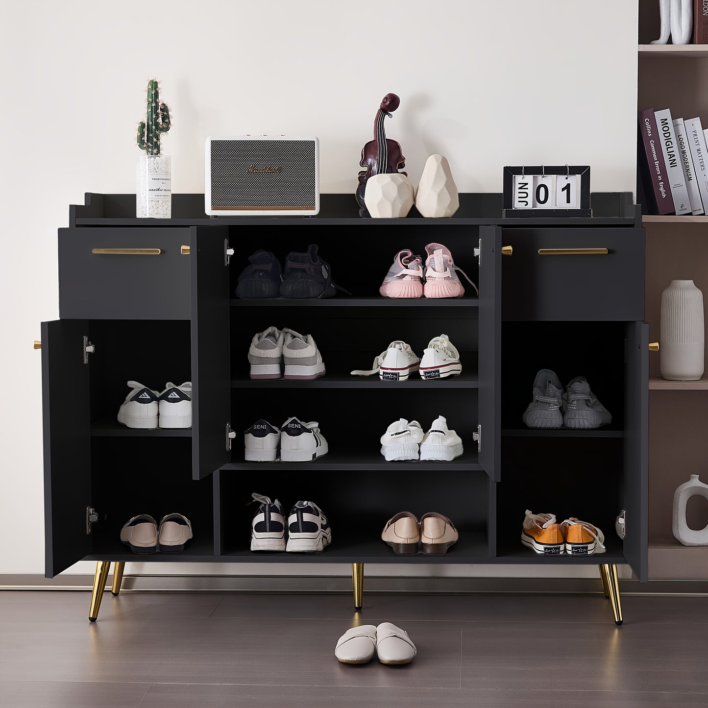 Shoe Cabinet With 2 Drawers And Shoe Rack With 4 Doors, Metal Feet, Black
