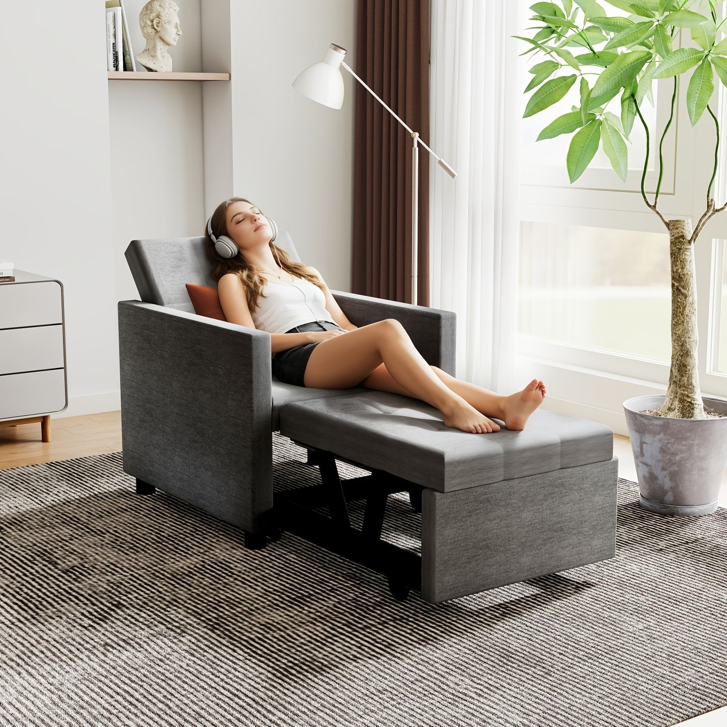 3-in-1 Sofa Bed Chair: Convertible Sleeper with Adjustable Backrest & Foldable Pull-Out Bed - Space-Saving Single Sofa Suitable for Small Apartments, Dorms, Studios - Assembly, Sturdy Frame, Modern Light Grey