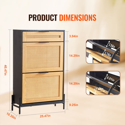 Schoenenkast – Schoenenrek – Schoenenopberger – Schoenentoren – Schoenenkastje – Zwart Rotan – 2 Klaplades & 1 Schuiflade – Compact & Ruimtebesparend