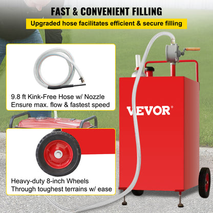 VEVOR Fuel Caddy 30 Gallon Fuel Storage Tank with 2 Wheels and Manual Pump, Red