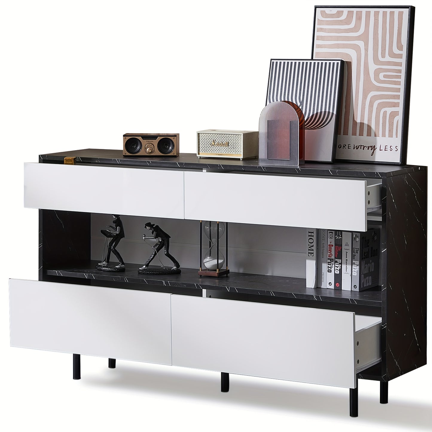 150 X 35 X 89.5 Cm Black Marble Design Sideboard With Open Storage Space, 4 Drawers, Sturdy Metal Frame And Anti-tilt Protection, Elegant Storage Furniture For The Kitchen And Living Room