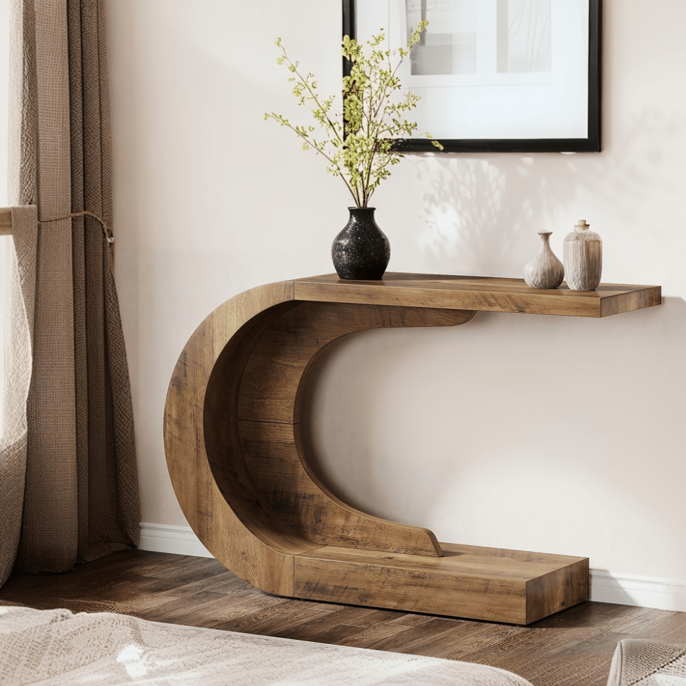 Halfronde Haltafel – Sidetable – Wandtafel – Boekenkast – Console Tafel – 110 cm – Bruin Gelamineerd Hout – Ruimtebesparend Ontwerp