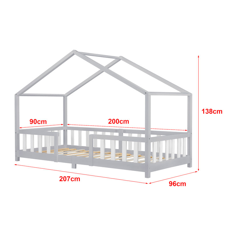 Kinderbed – Kinderbedden – Eenpersoonsbed – Hoogslaper – Stapelbed – Huisvormig Design – Valbeveiliging – Grenenhout – 140x200 cm