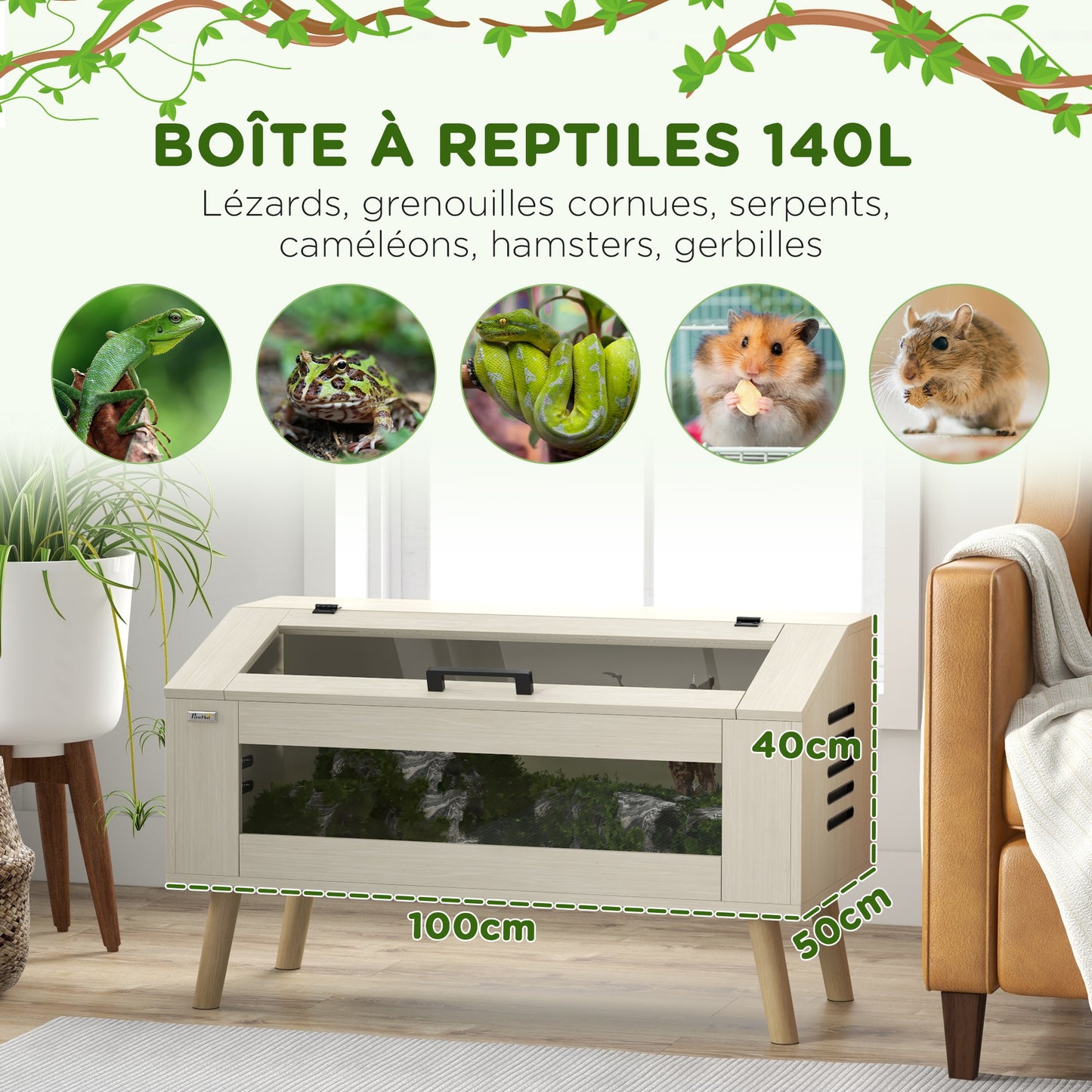 Terrarium voor Reptielen – Reptielenhuis – Vivarium – Reptielen Terrarium – Slang Terrarium – 140 Liter – Gehard Glas & Natuurlijke Houten Afwerking