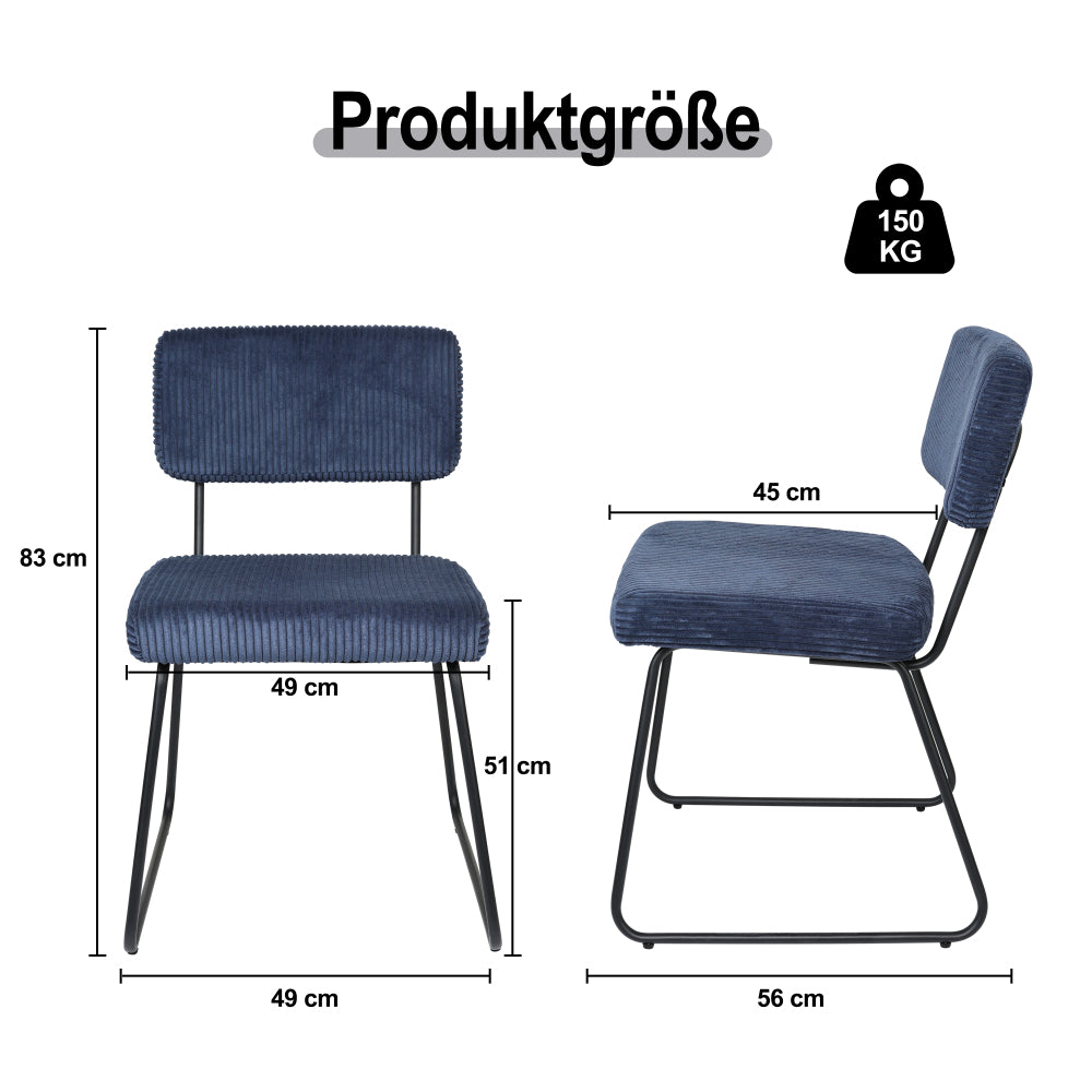 Eetkamerstoel – Stoel – Kuipstoel – Keukenstoel – Set van 2 – Modern Navy Blauw – Metalen Frame – Gestreepte Stof – Stevig – Makkelijk Schoon Te Maken