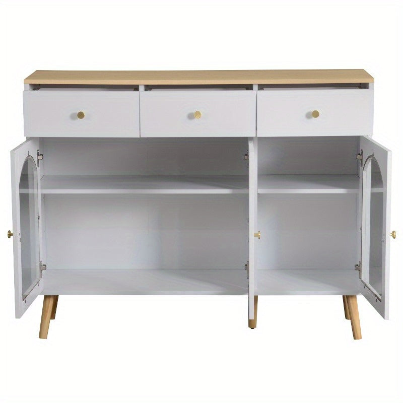 Wit metalen dressoir – buffetkast – opbergkast – keukenkast – vitrinekast – 3 lades & 3 gebogen glazen deuren – stevig metaal met brede opbergruimte