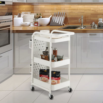 3-laags Opbergtrolley – Opbergwagen – Werkplaatstrolley – Opbergkar – Opbergrek – Met 2 Pegboards & 2 Mandjes – Stevig Koolstofstaal & 4 Wielen met Rem
