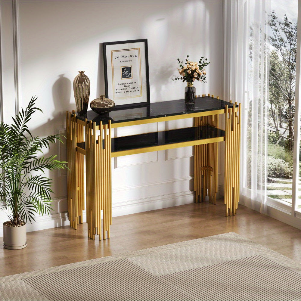 Sidetable – Consoletafel – Wandtafel – Haltafel – Bijzettafel – Mid-Century Modern – Wit MDF Met Gouden Poten – 128x44x80 cm – Draagvermogen 40kg