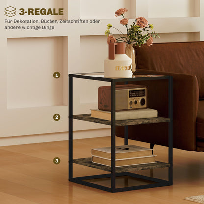 Bijzettafel – Salontafel – Tafeltje – Nachtkastje – 2-delige Set Rustic Brown – Met Glazen Blad – Robuust Metalen Frame – 3-laags Design