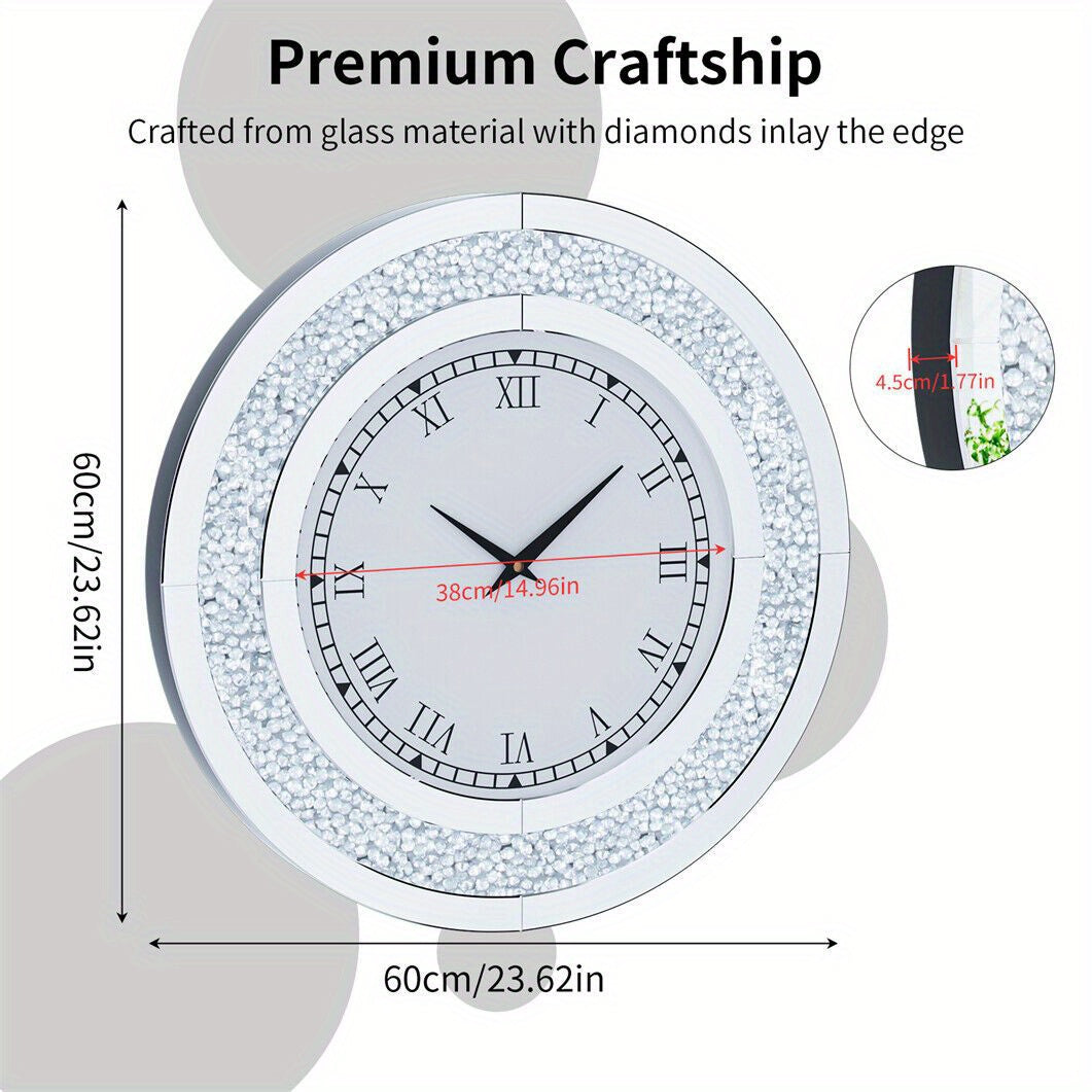 Spiegelklok – Wandklok – Klok – Muurklok – Stil Quartz – 60 cm Diameter – Kristallen Inleg – Romeinse Cijfers