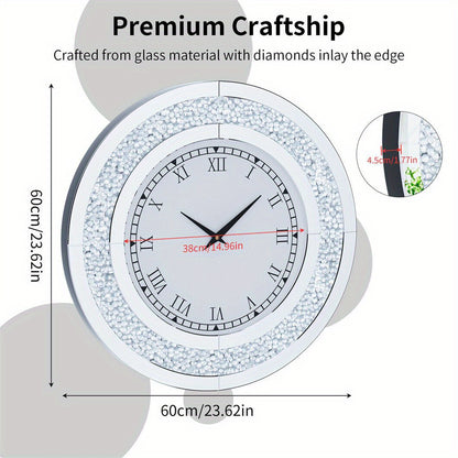 Spiegelklok – Wandklok – Klok – Muurklok – Stil Quartz – 60 cm Diameter – Kristallen Inleg – Romeinse Cijfers