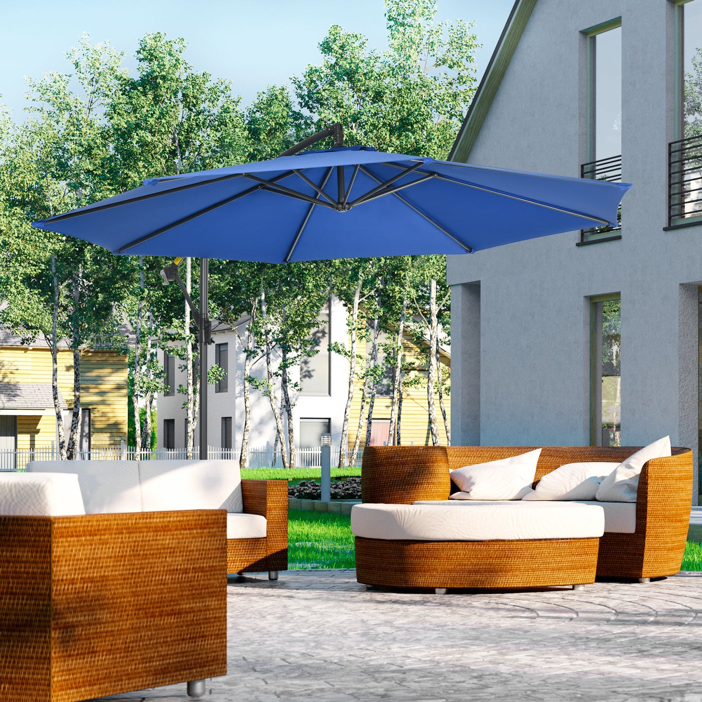 Parasol – Zweefparasol – Tuinparasol – Balkonparasol – Terrasparasol – Kantelbaar – Ø 3 Meter – Staal Frame – Blauw Polyester