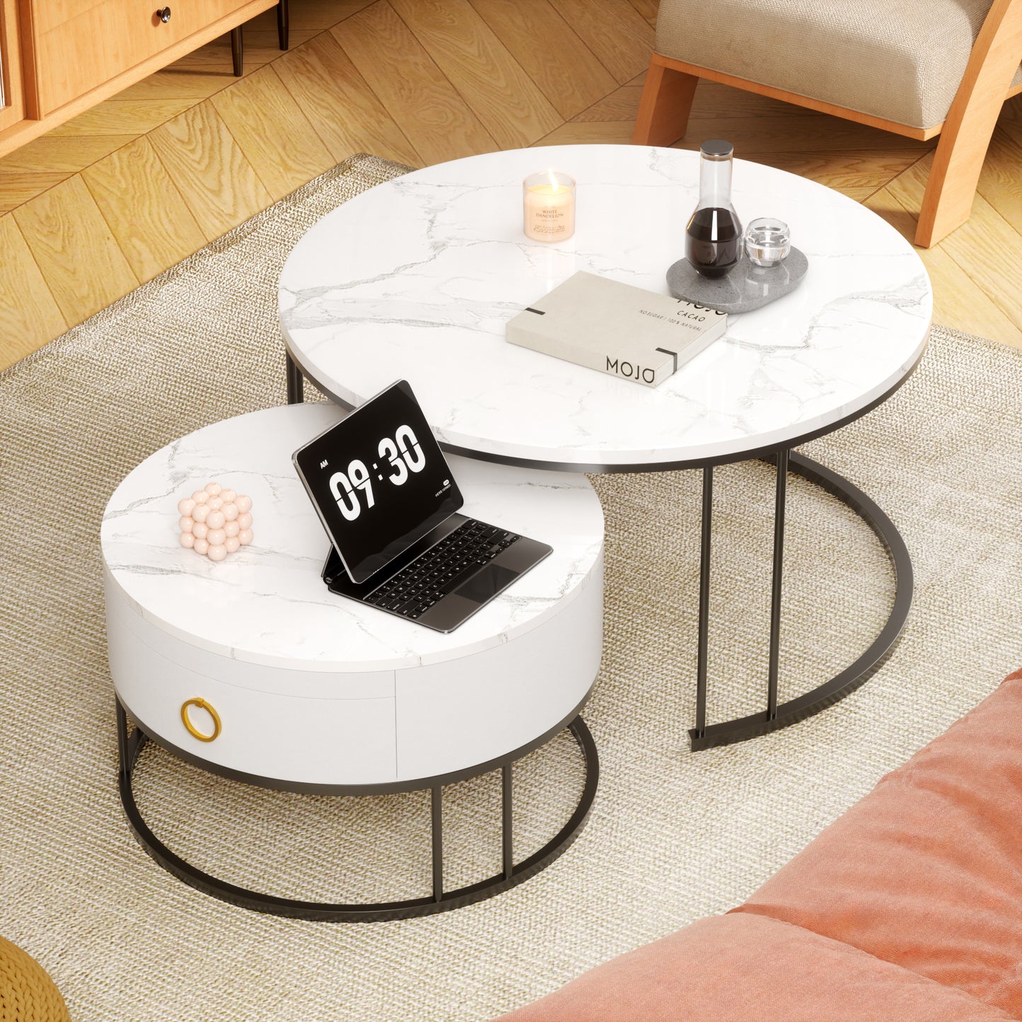 2-Delige Salontafel Set – Woonkamertafel – Balkon Tafel – Marmeren Salontafel – Hoogglans Tafel – Wit – Gouden Frame – Met Opbergruimte