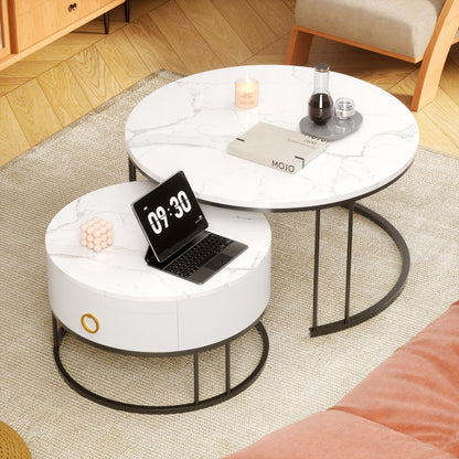 2-Delige Salontafel Set – Woonkamertafel – Balkon Tafel – Marmeren Salontafel – Hoogglans Tafel – Wit – Gouden Frame – Met Opbergruimte