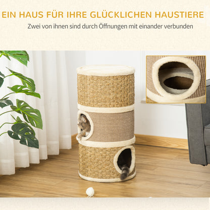 Krabpaal – Kattenboom – Kattenmeubel – Krabtoren – Krabhuis – 3 Niveaus – 70 cm Hoog – Sisal Krabmat – Pluche Bekleding