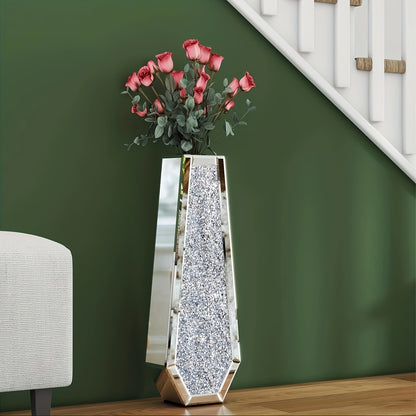 Extra Hoge Vaas – Grote Vazen – Bloemvaas – Interieurvaas – Decoratieve Vaas – Set Van 2 – Spiegelend Glas Met Crushed Diamond – 68 Cm Hoog