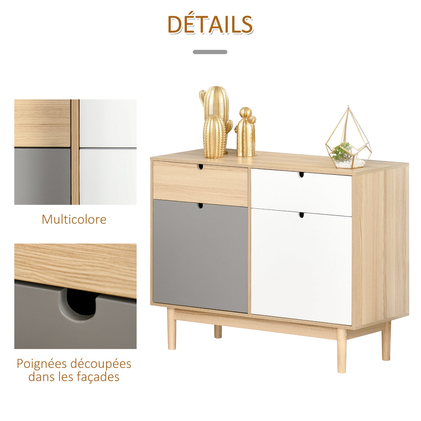 HOMCOM Scandinavian Style Kitchen Buffet, 2-Door Wardrobe with Sliding Drawers in Multicolor White Light Gray Wood