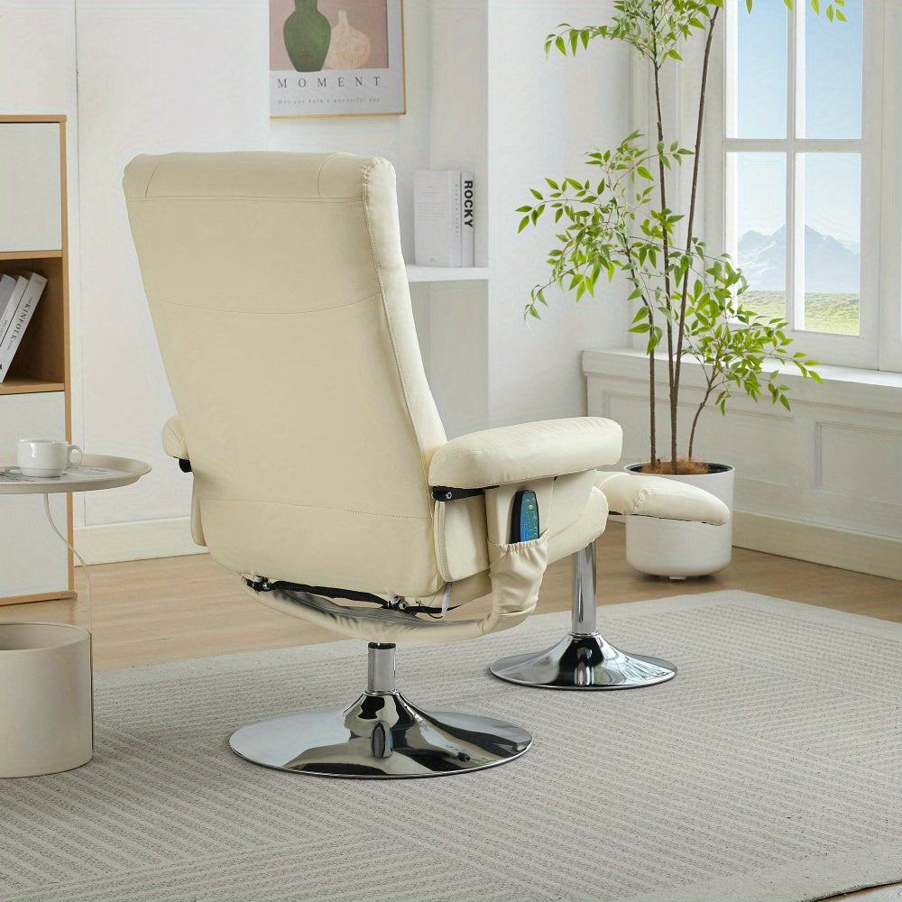 Modern White Beige Reclining Swivel Chair and Footstool Set with 360° Rotating Mechanism, Manual Recliner Sofa with Stool for Living Room, Bedroom - Easy Assembly, Durable Comfortable Lounge Chair with Sturdy Footrest, Space