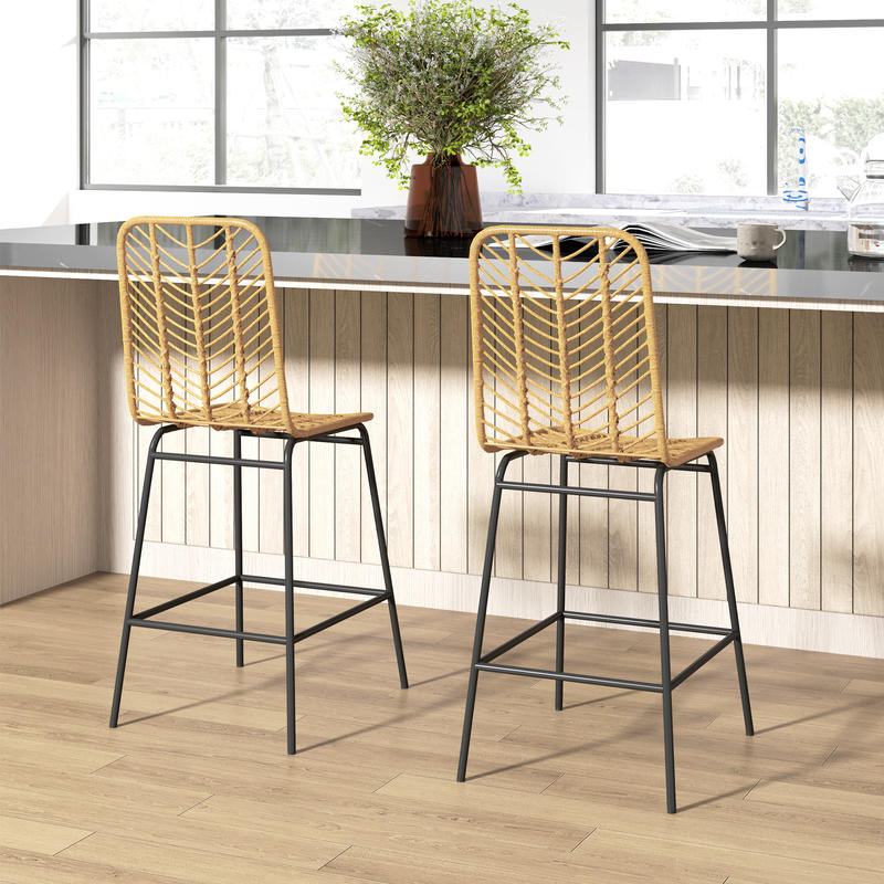 2Er Set Barhocker Mit Lehne Barstühle Im Boho-Design, Pe-Rattan, Inkl. Fußtstütze, 42.5 Cm X 52 Cm X 102 Cm, Gelb + Schwarz