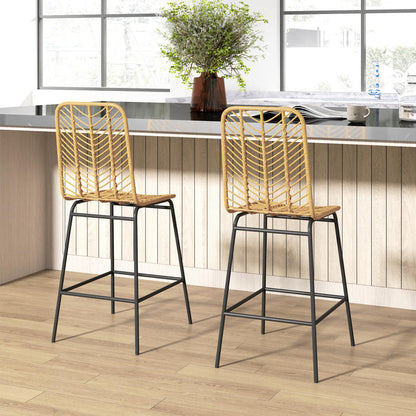 2Er Set Barhocker Mit Lehne Barstühle Im Boho-Design, Pe-Rattan, Inkl. Fußtstütze, 42.5 Cm X 52 Cm X 102 Cm, Gelb + Schwarz