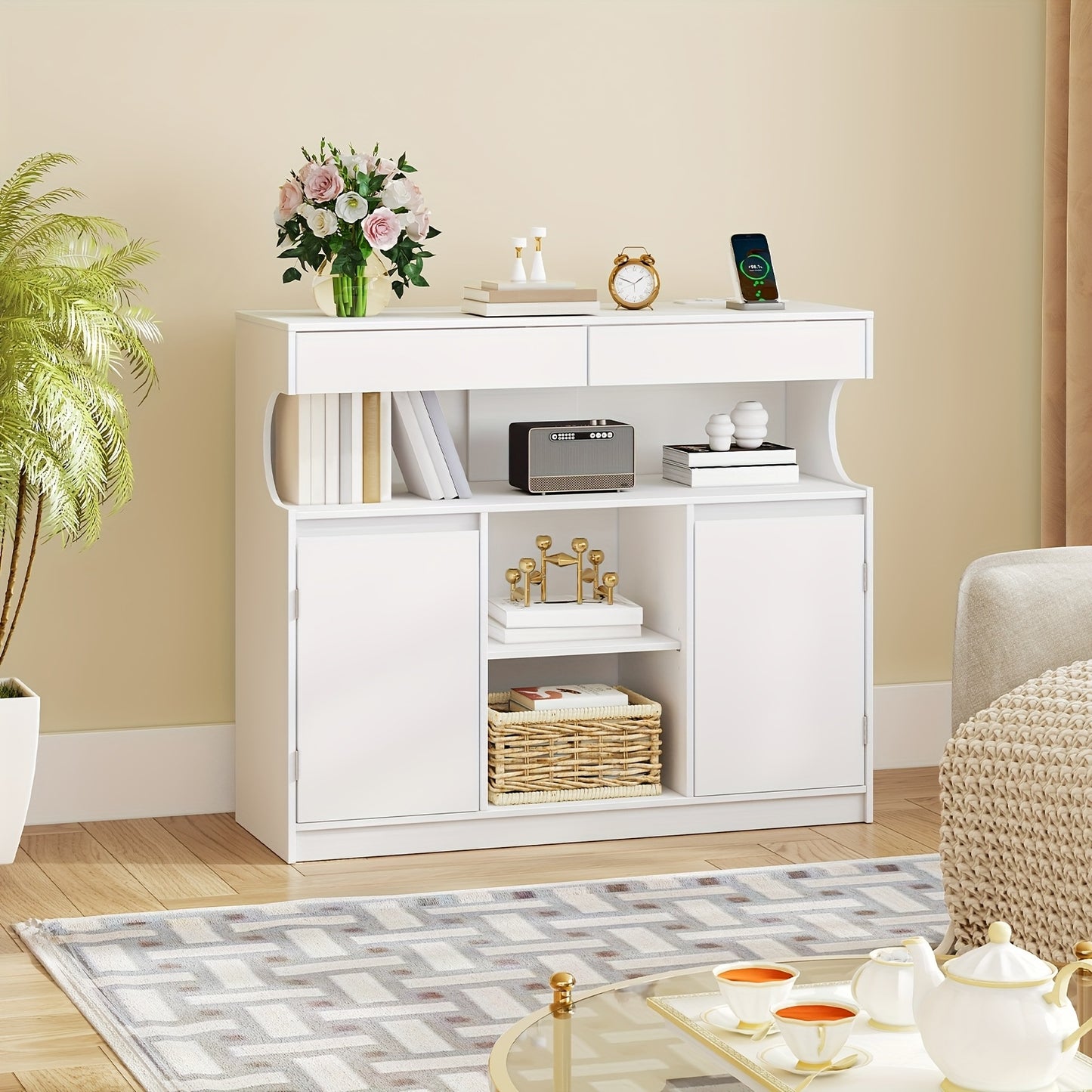 Dressoir – Sideboard – Buffetkast – Opbergkast – Keukenkast – Met Ingebouwde Stekkerdoos – LED-verlichting – 2 Laden – 2 Deuren – Verstelbare Planken – Wit – 30x100x85 cm