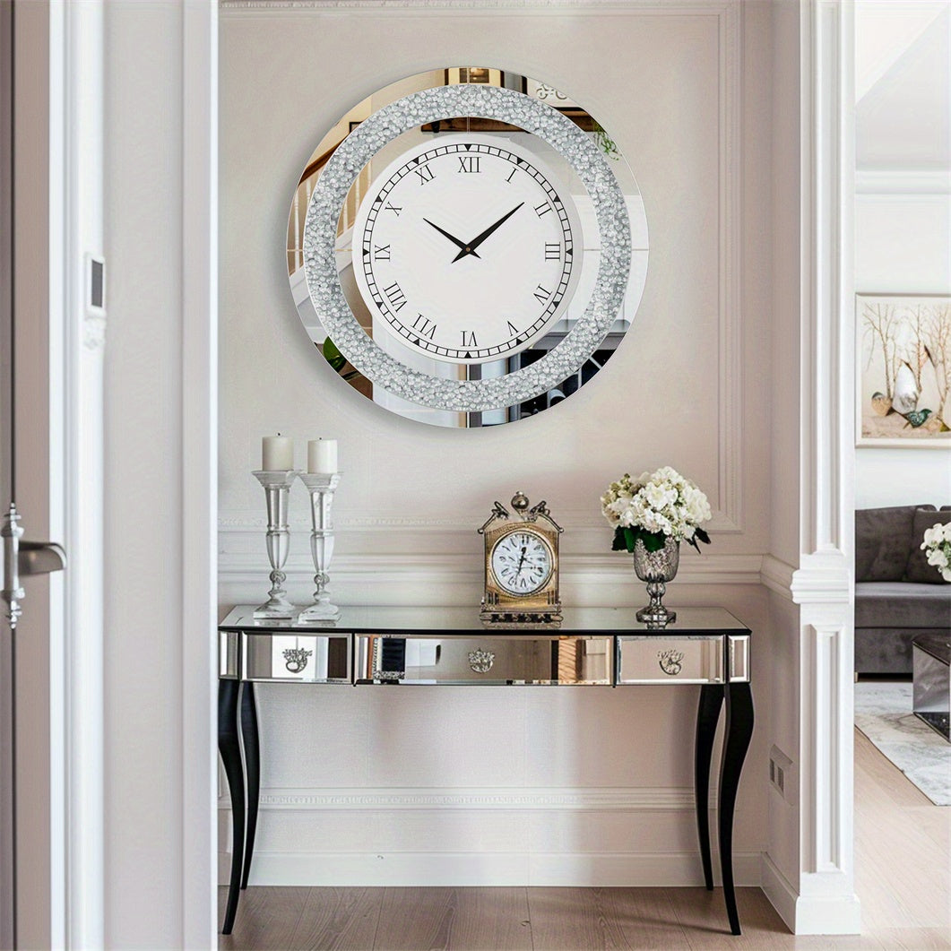 Spiegelklok – Wandklok – Klok – Muurklok – Stil Quartz – 60 cm Diameter – Kristallen Inleg – Romeinse Cijfers