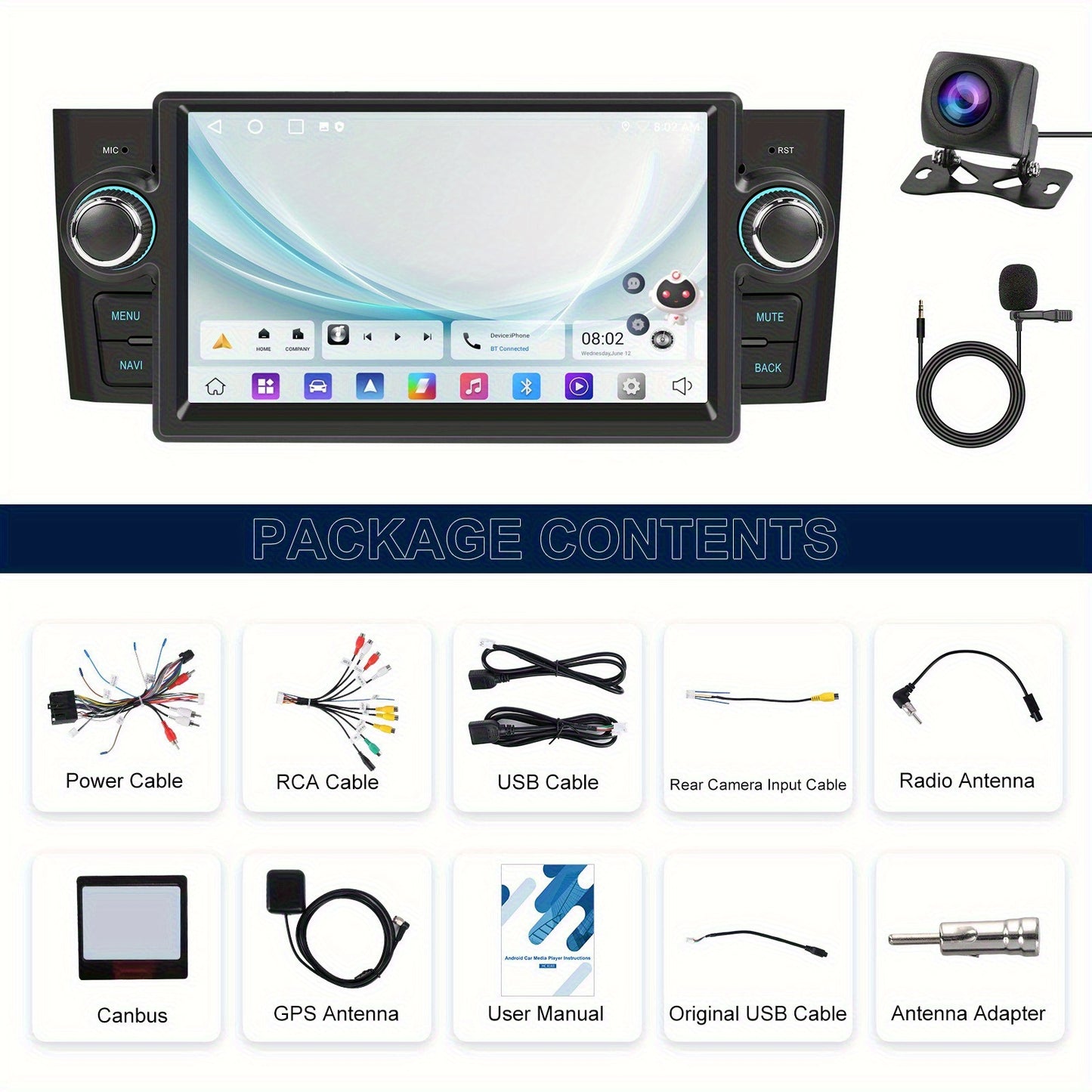 2+64G for Android 13 Car Radio for FIAT Punto 2005-2009/ for FIAT Linea 2007-2011, 17.78 cm Touchscreen Car Radio with Carplay for Android Car GPS EQ/ FM/ RDS BT + Rear View Camera & Mic + Canbus