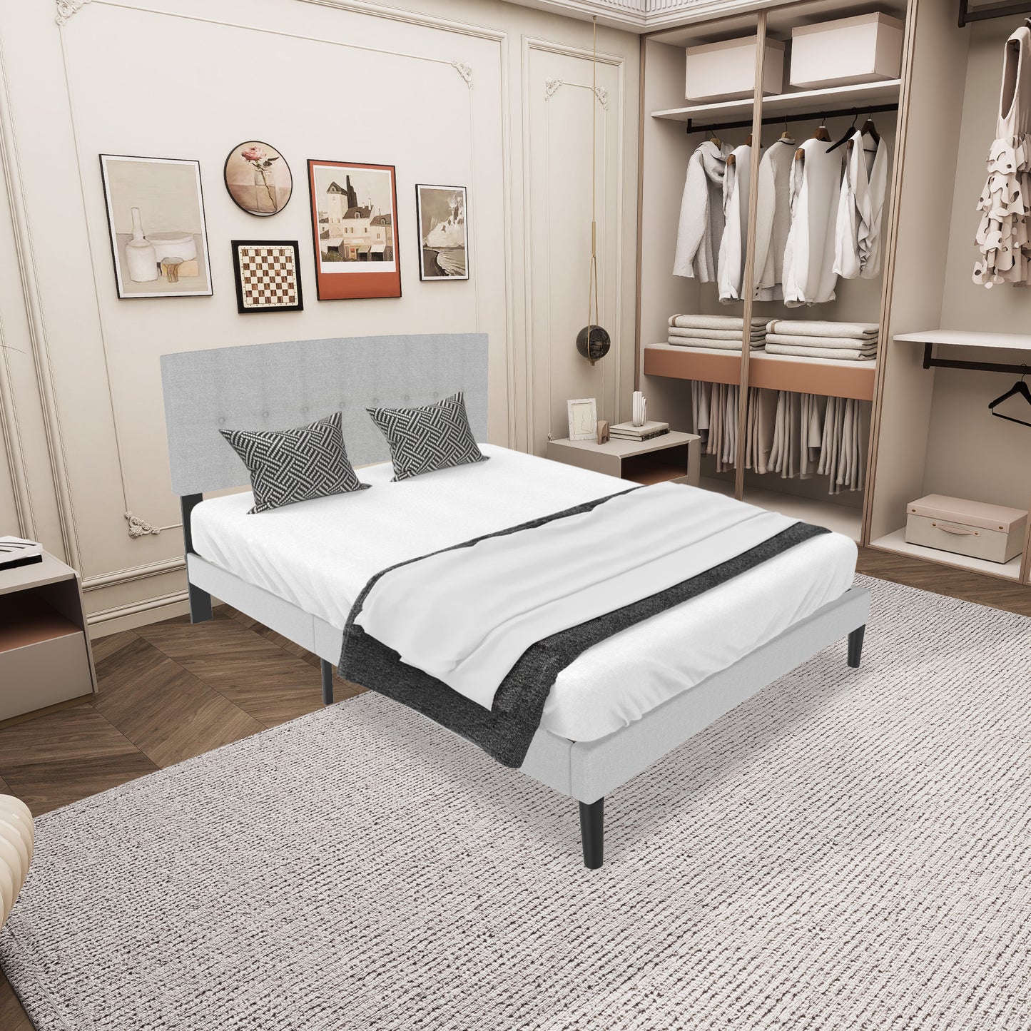 Bedframe – Bed – Slaapbed – Ledikant – Boxspring – 140x200 cm – Linnen Bekleding – Stevig Metalen Frame – 12 Latten Voor Optimale Ventilatie